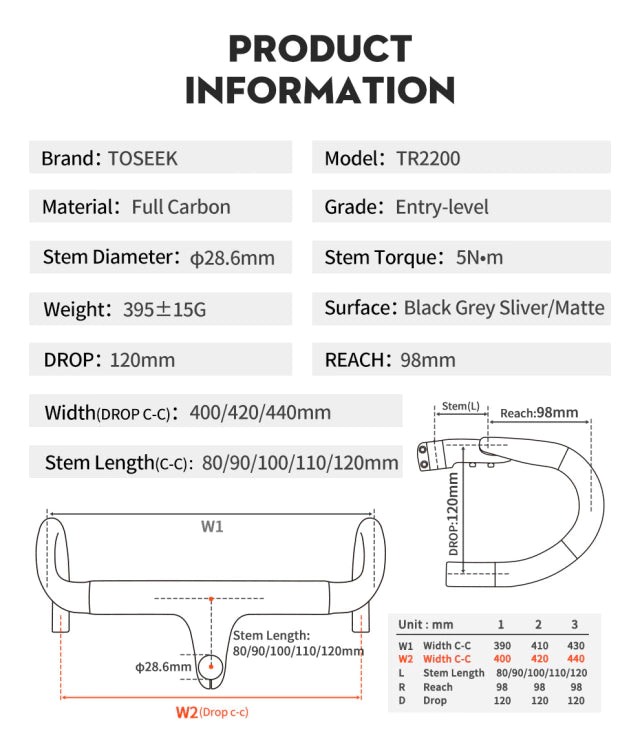 MANUBRIO TOSEEK INTEGRADO RUTA 420mm (ancho) - 120mm (stem)